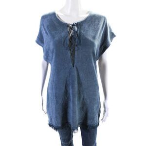 Pluto Women's Round Neck Sleeveless Fringe Lace Up Blouse Blue Size 36